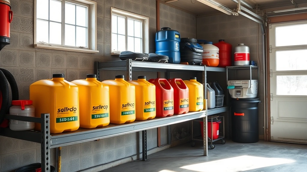 Organized garage storage area with sealed fuel containers on metal shelf, sunlight streaming through windows, clean workspace