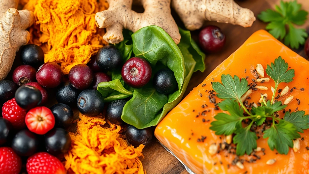 Close-up of colorful anti-inflammatory foods arranged on wooden board including turmeric, ginger root, berries, leafy greens, and salmon fillet