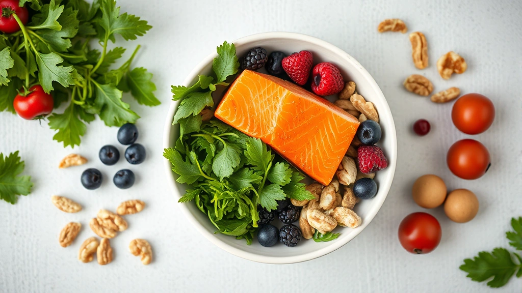Overhead view of a colorful bowl containing salmon, leafy greens, berries, nuts, and vegetables representing anti-inflammatory foods
