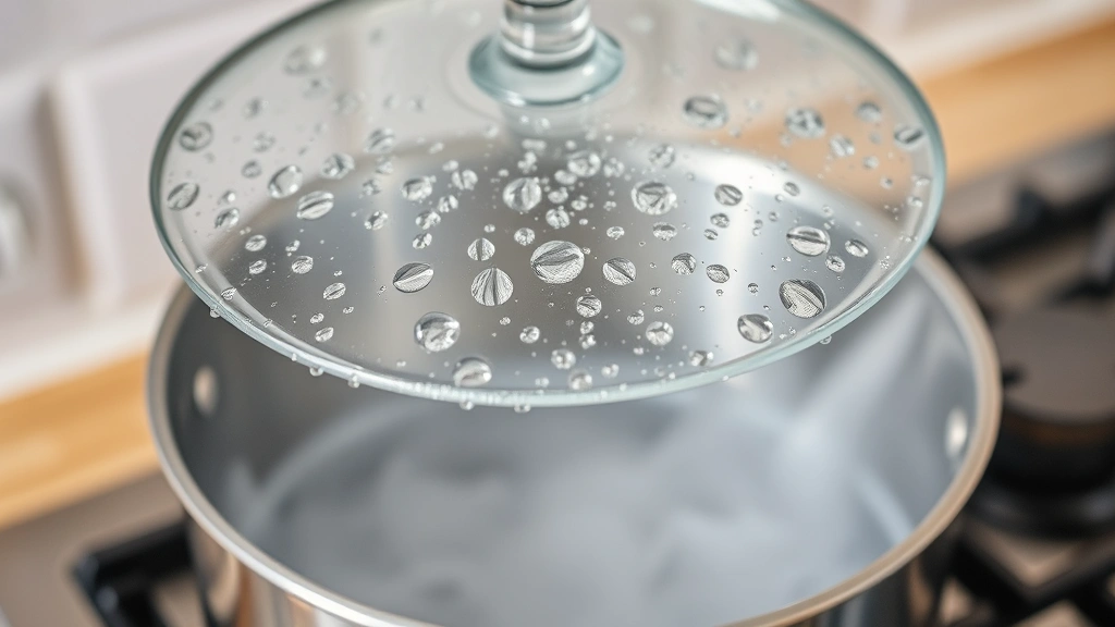 Close-up of condensation droplets forming on an inverted glass lid over a steaming pot of water, showing the distillation process in action on a kitchen stovetop