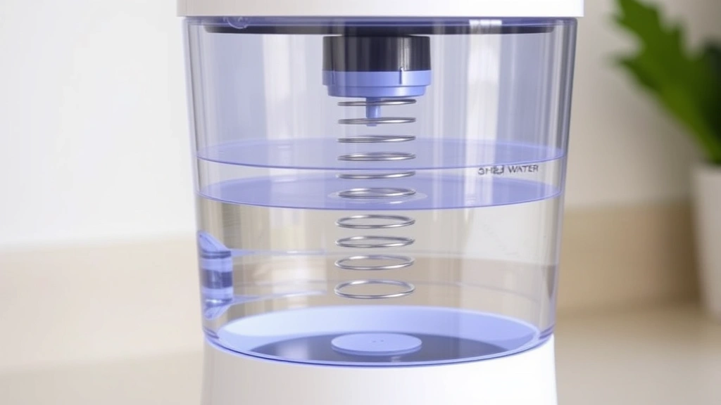 A countertop electric water distiller machine with transparent collection chamber, displaying the internal condensing coils and collection basin during operation