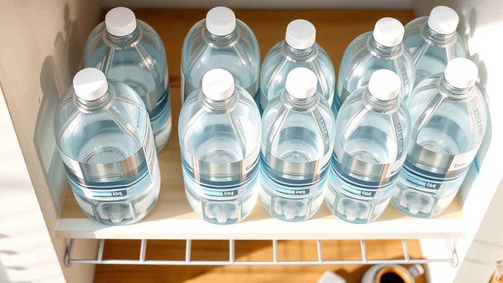 Overhead view of multiple glass storage containers filled with clear distilled water arranged on a kitchen shelf with natural morning light