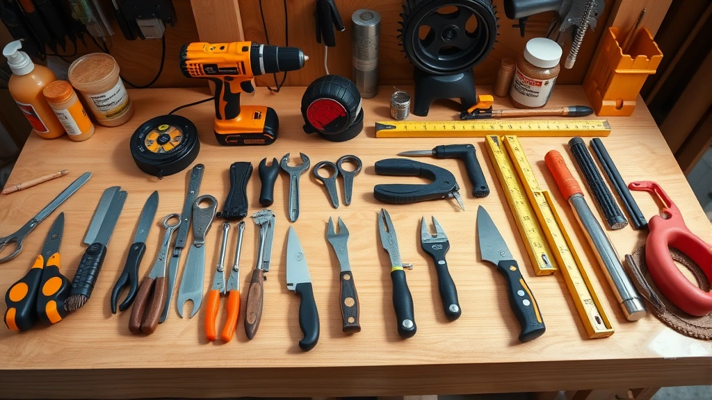 Organized workbench with neatly arranged hand tools, power drill, measuring tape, level, and safety equipment displayed on wooden surface with natural lighting