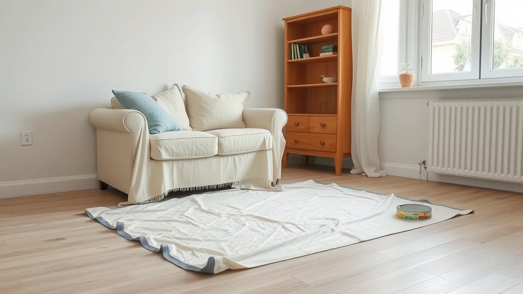 Drop cloth and painter's tape protecting furniture and floor corners in a bright residential room with clear preparation work visible