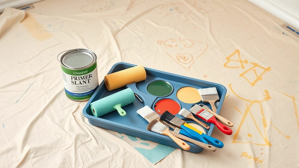Professional paint roller and tray setup with primer can, multiple paint colors, and brush collection arranged on covered floor during active room painting