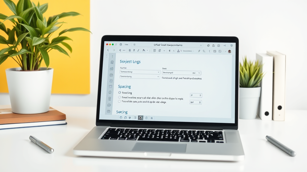 Clean office workspace with laptop displaying document formatting options and spacing controls, no text no words no letters