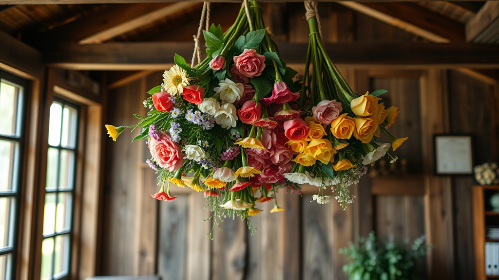 Beautiful fresh flowers hanging upside down in rustic wooden room with natural lighting and vintage atmosphere no text no words no letters