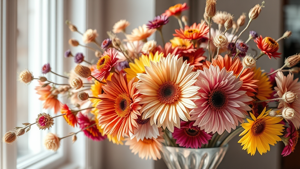 Colorful dried flower arrangement in elegant vase with soft natural lighting showcasing preserved petals and textures no text no words no letters