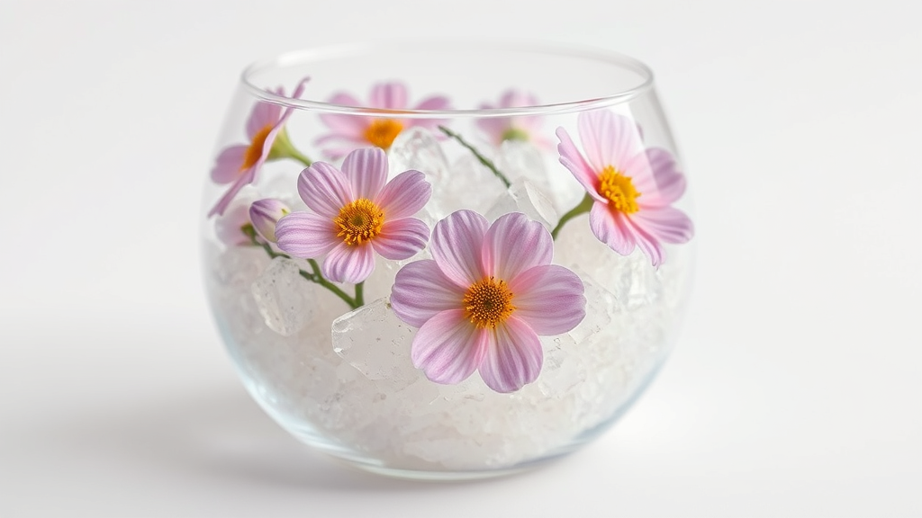 Silica gel crystals surrounding delicate flowers in glass container with scientific preservation setup and clean background no text no words no letters