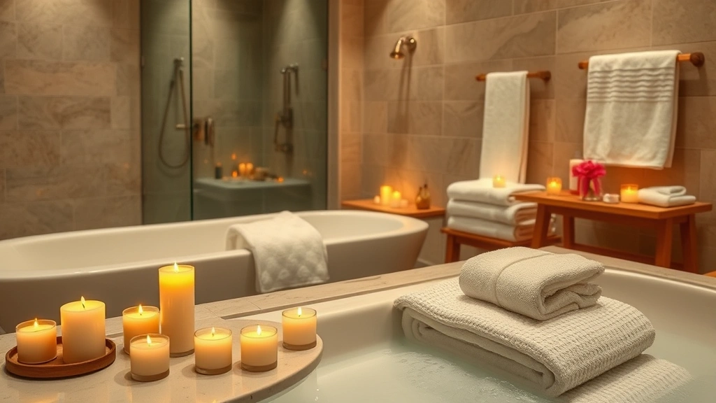Bathroom spa setting with candles, bath products, towels, shower area, relaxation and hygiene preparation space, warm lighting