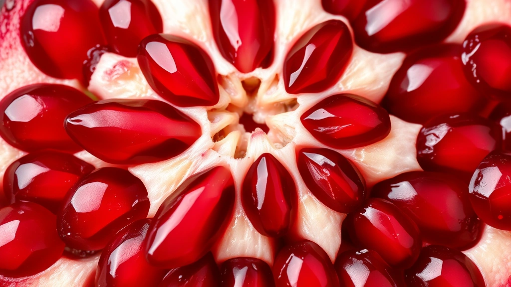 Close-up of a ripe pomegranate cut in half, showing ruby-red arils and white pith, no text