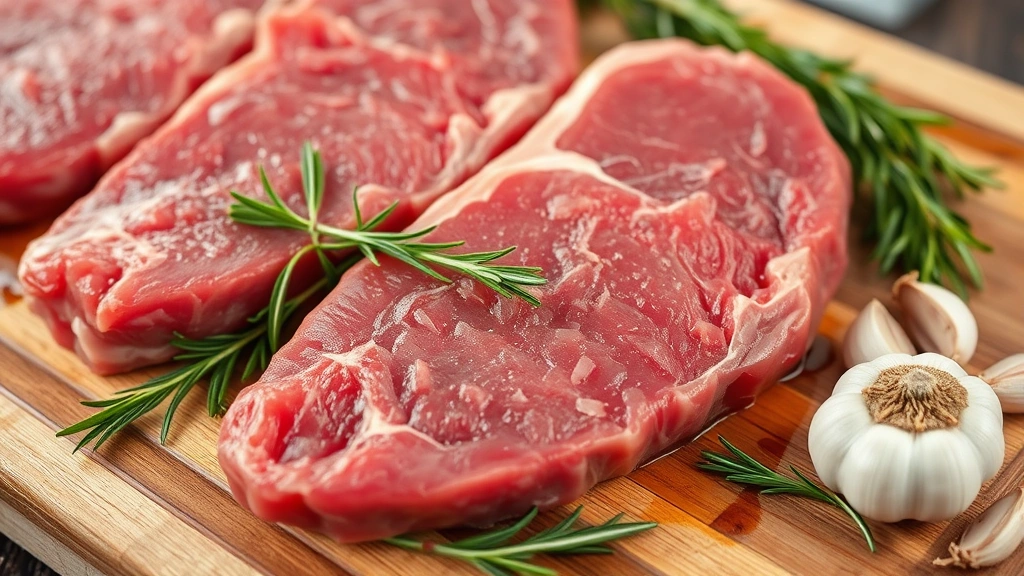 Close-up of raw donkey meat steaks on a wooden cutting board with fresh rosemary sprigs and garlic cloves scattered nearby, professional butcher presentation style