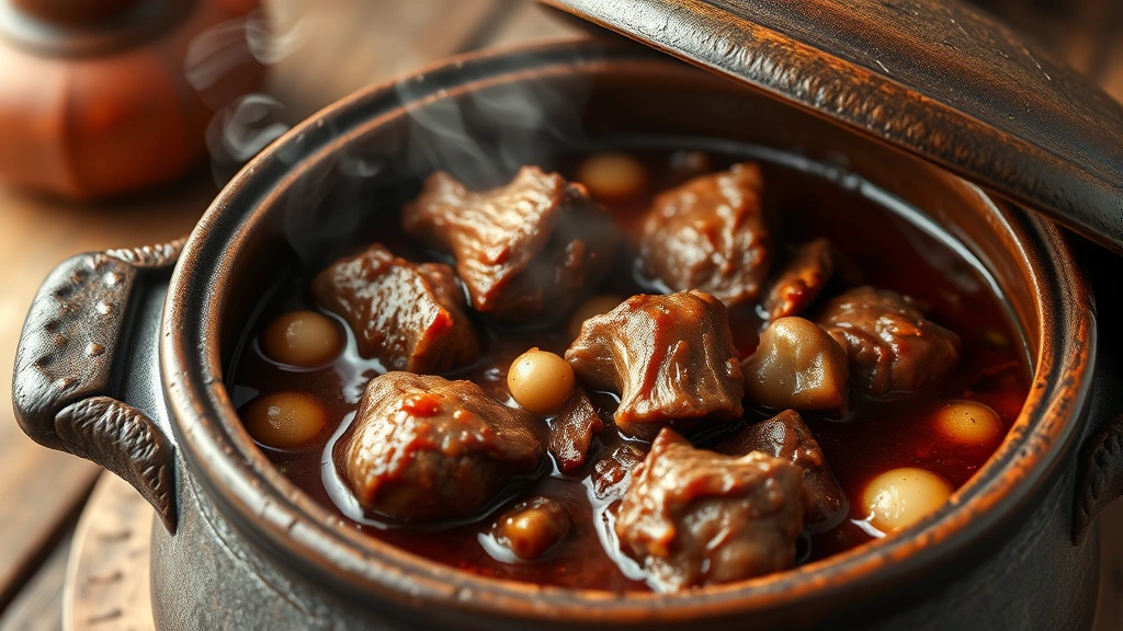 Rustic ceramic braising pot with slow-cooked donkey meat stew, rich burgundy sauce with visible pearl onions and mushrooms, steam rising from the pot