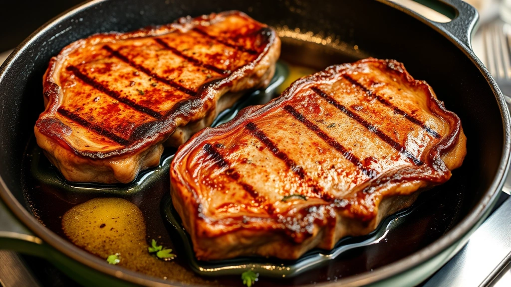 Perfectly seared donkey meat steaks on a hot cast iron skillet with caramelized crust, herbs and butter visible in the pan, restaurant-quality plating