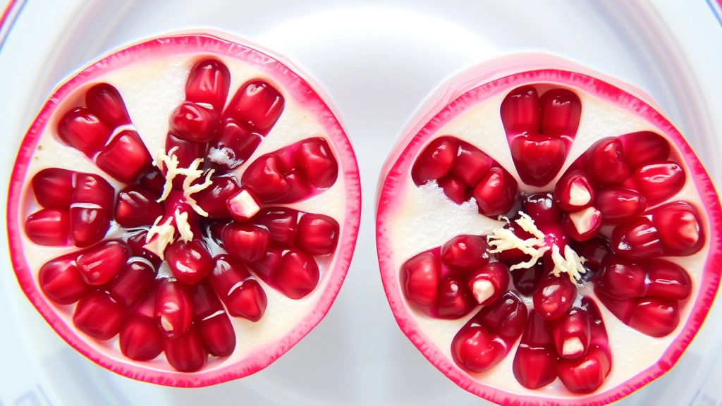 Pomegranate halves submerged in clear water bowl showing ruby-red arils separating from white pith underwater