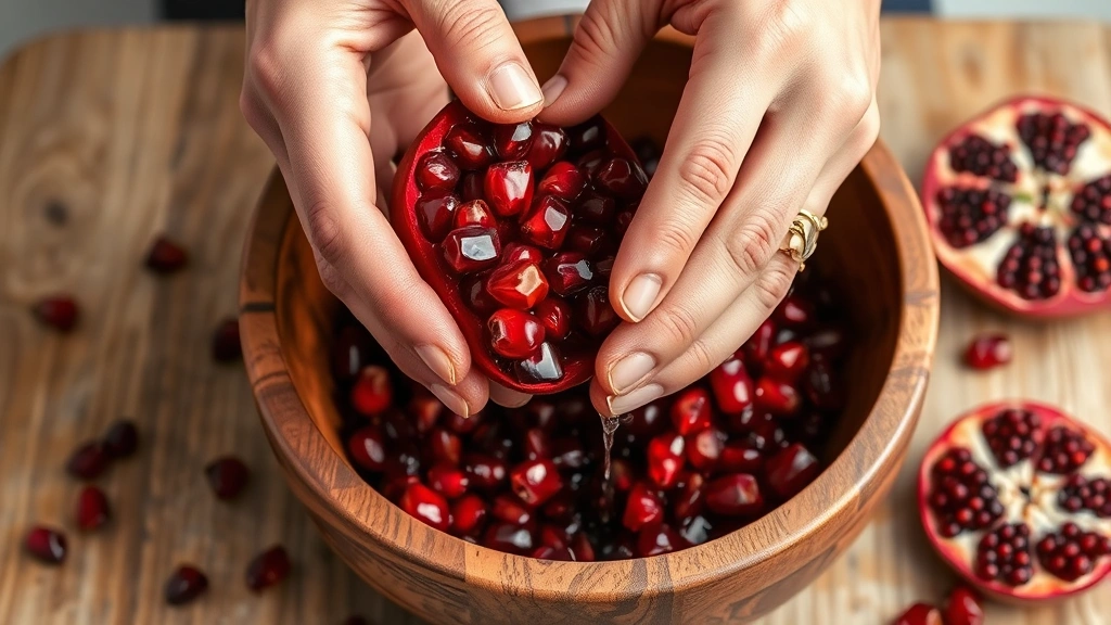Hands gently extracting glossy pomegranate arils over wooden bowl using the tapping extraction method