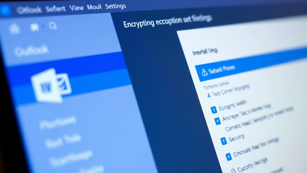 Close-up of computer screen showing Outlook interface with encryption settings and security options visible in menu