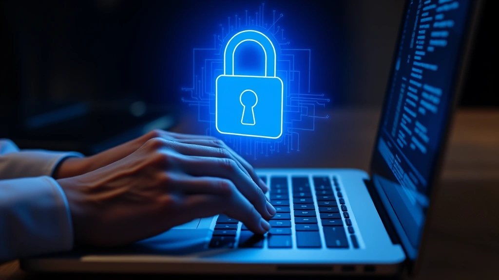 Person's hands typing on keyboard with digital lock symbol glowing above laptop screen in blue light
