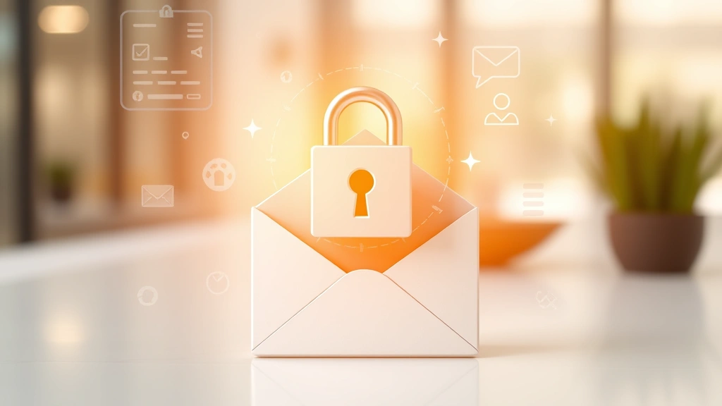 Digital certificate icon with padlock and key symbols floating above secure email envelope on modern desktop