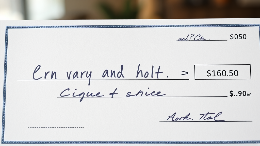 Close up view of check endorsement area on back of business check with pen and official stamp, no text no words no letters