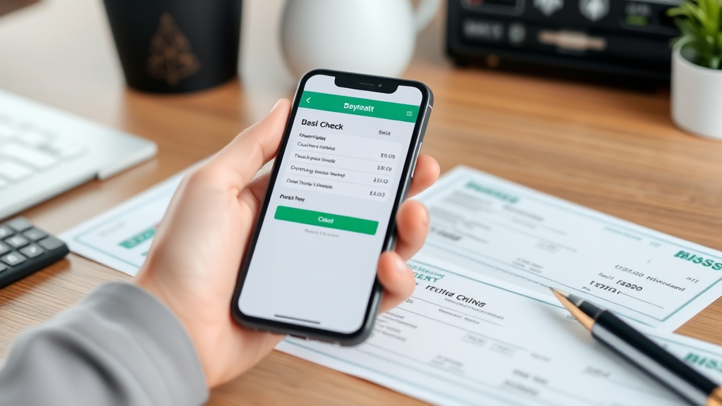 Mobile banking app on smartphone showing check deposit feature with business checks on desk, no text no words no letters