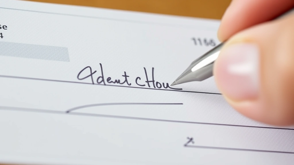 Close-up of a person's hand writing on the back of a check with a pen, showing the endorsement area with clear signature space