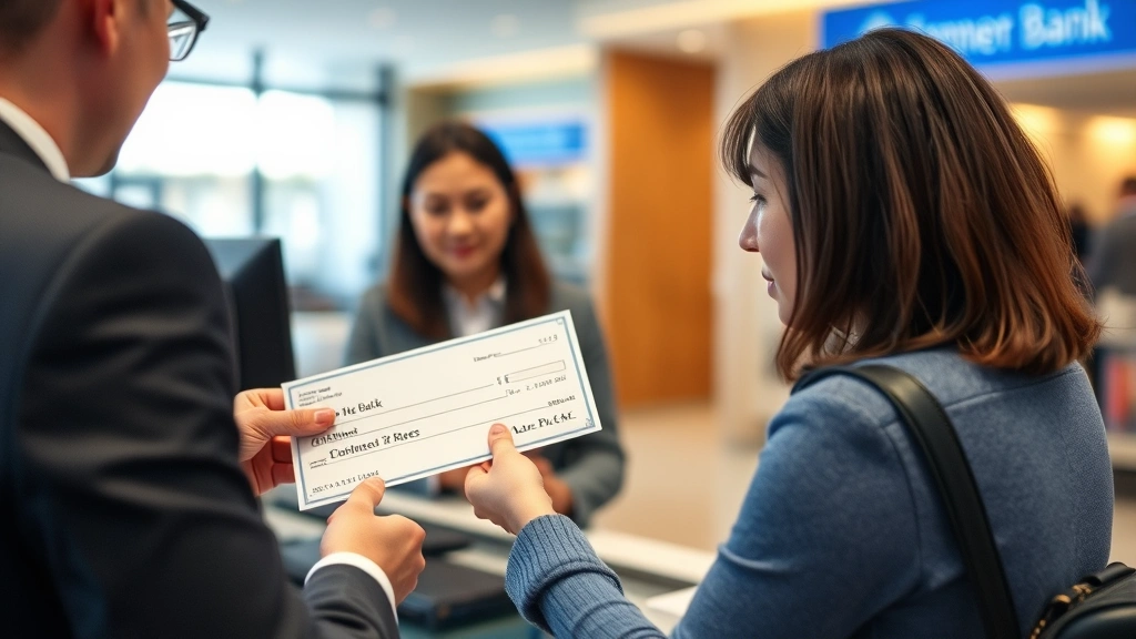 Bank teller or financial professional reviewing a check with customer, examining the endorsement area and back of check carefully