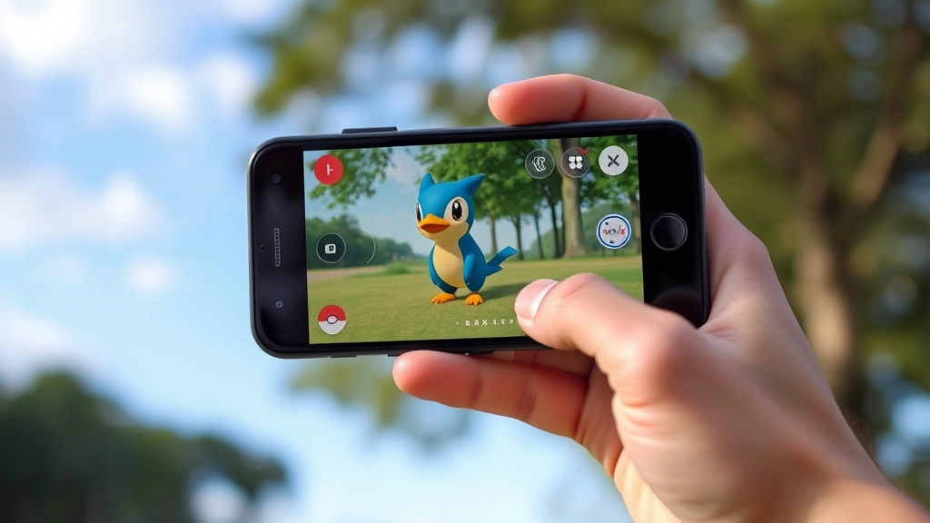A smartphone displaying Pokémon Go interface with Inkay character on screen, held in portrait orientation against a blurred outdoor background with trees and sky
