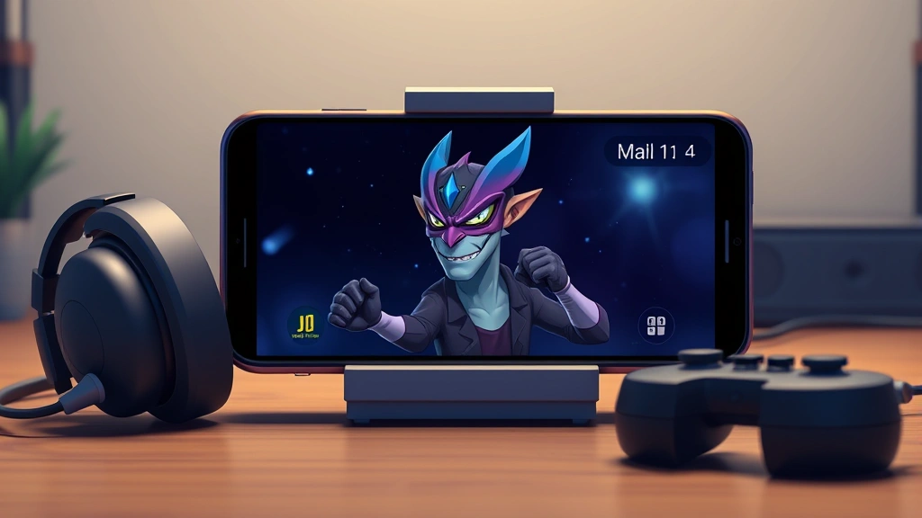 A completed evolution animation showing Malamar character on smartphone screen, phone positioned normally on a desk with gaming headphones and controller nearby