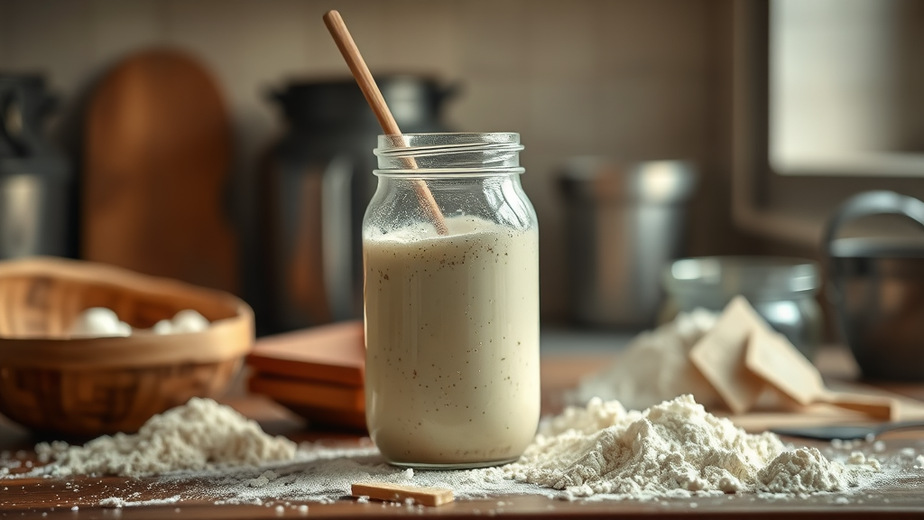Active sourdough starter bubbling in glass jar with wooden spoon, flour scattered nearby, warm kitchen lighting, no text, no words, no letters