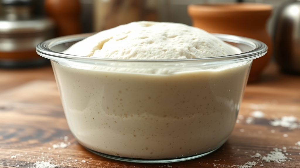 Healthy sourdough starter showing perfect rise in clear container, bubbly texture visible, rustic kitchen background, no text, no words, no letters