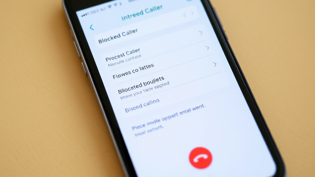 Smartphone showing phone app interface with blocked caller options and settings menu visible, no text no words no letters