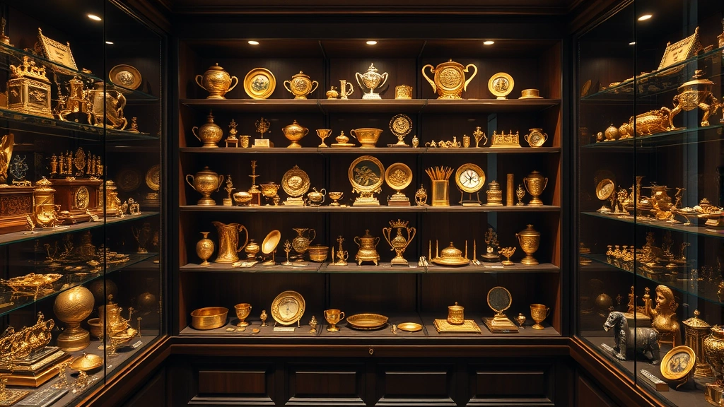 Vintage collectible display case filled with rare golden items and treasures, organized on wooden shelves with museum-quality lighting