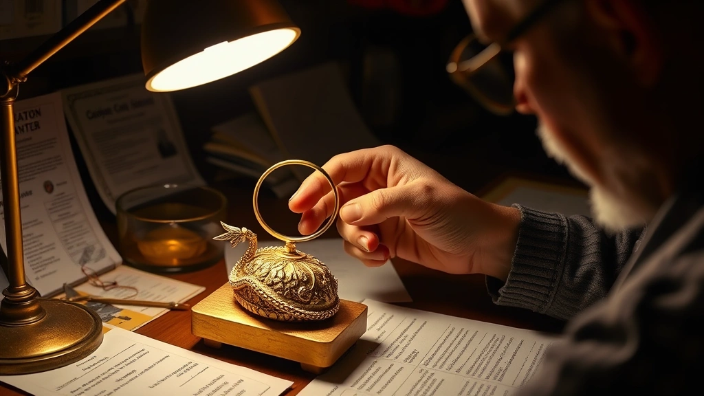 Person examining a golden vintage item with magnifying glass under bright lamp light, with authentication documents and reference guides nearby