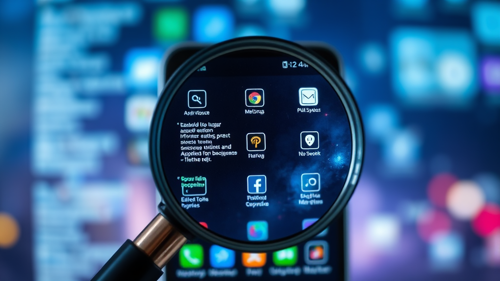 Digital magnifying glass revealing hidden mobile applications behind smartphone screen interface, no text, no words, no letters