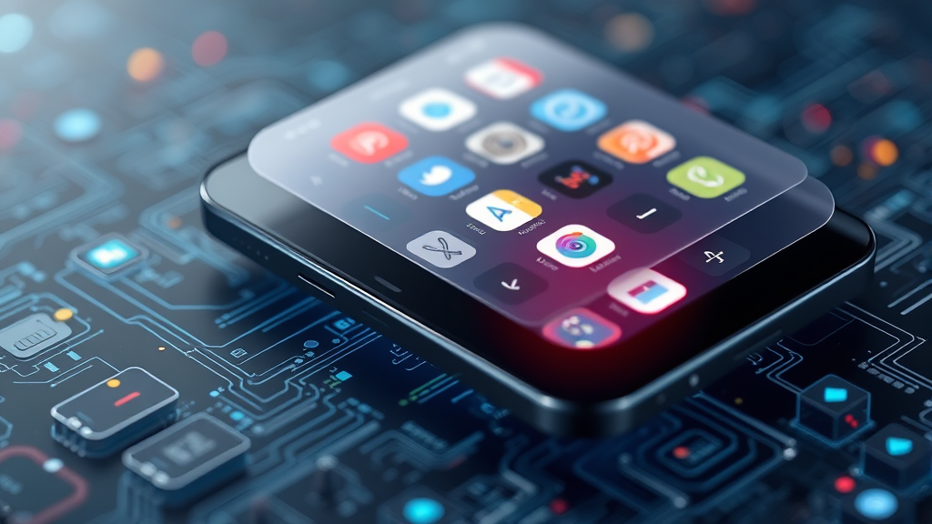 Abstract visualization of iPhone security layers with concealed app icons and privacy protection elements, no text, no words, no letters