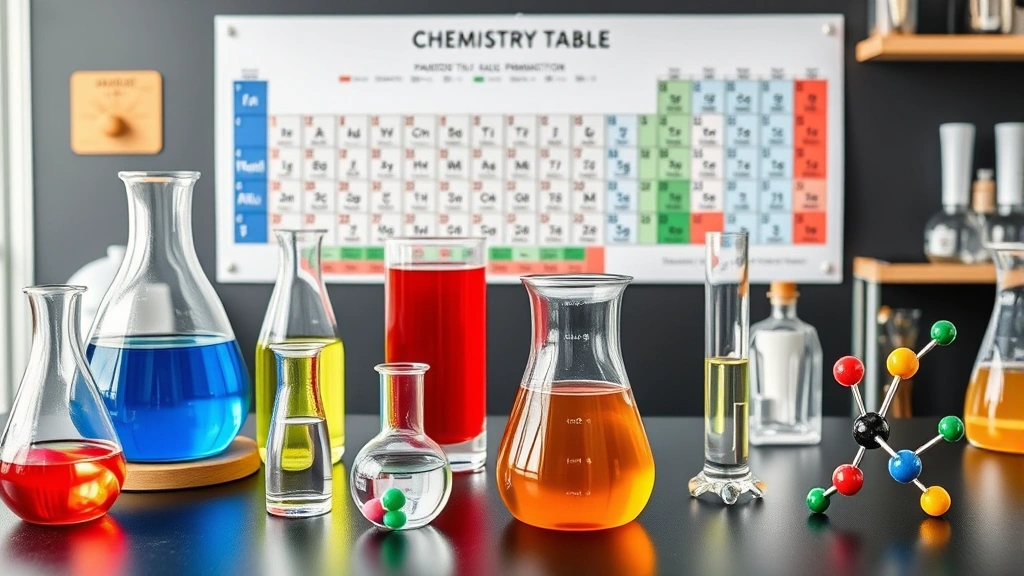 A chemistry lab workstation with beakers containing different colored liquids, a periodic table chart, and molecular models showing chemical reactions in progress