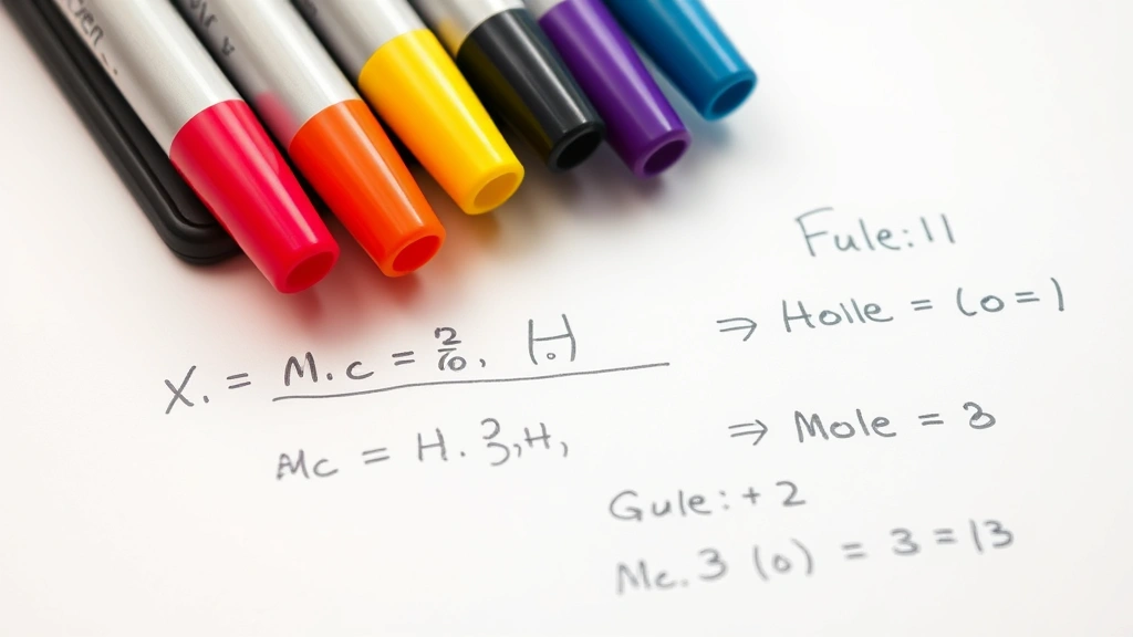 Close-up of a balanced chemical equation written on a whiteboard with colored markers, alongside a calculator and handwritten calculations showing mole conversions