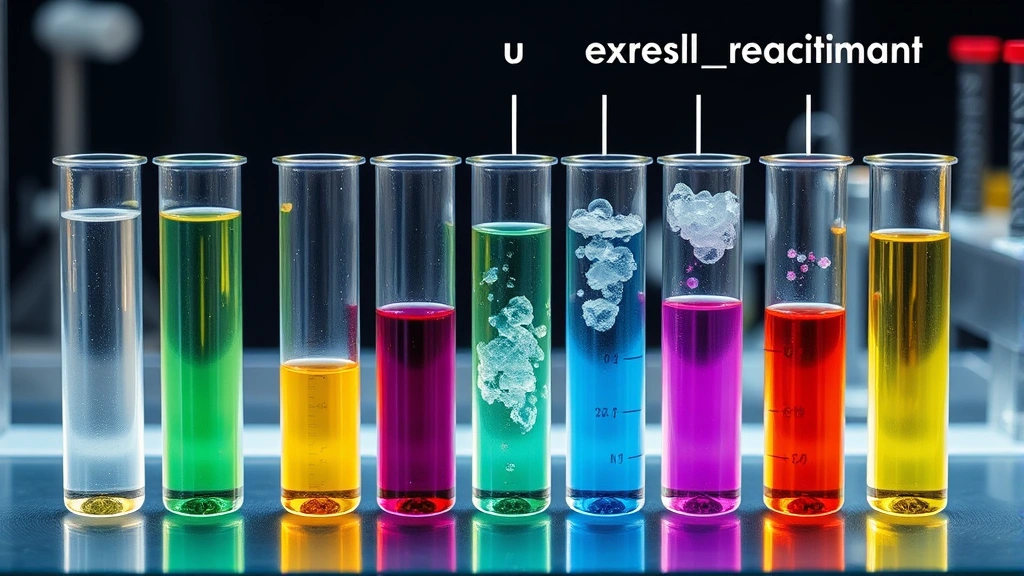 Laboratory setup showing multiple test tubes with different amounts of colored solutions and precipitates, demonstrating excess and limiting reactants in a real reaction