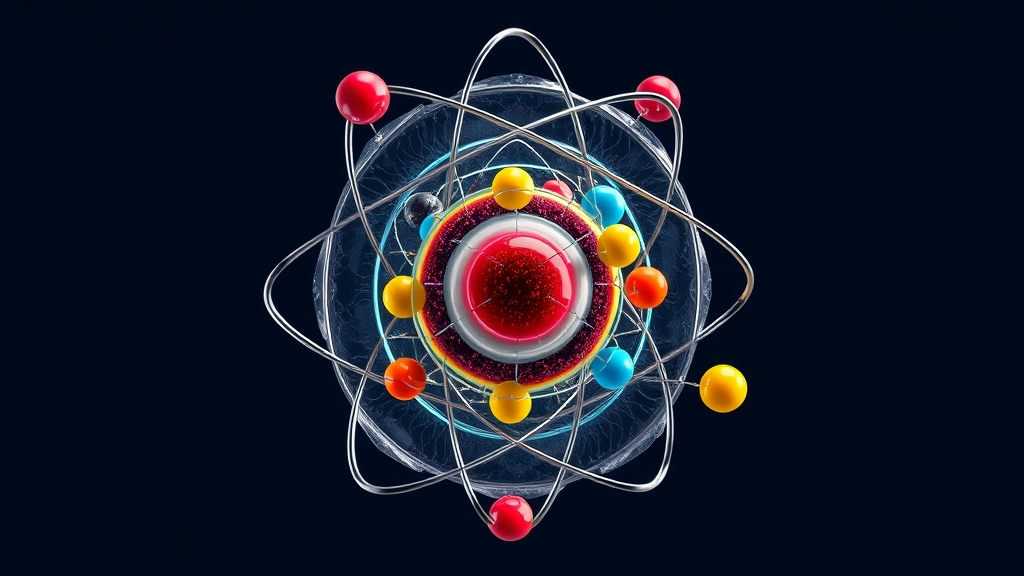 Photorealistic illustration of an atom's nucleus showing colorful protons and neutrons in cross-section, scientific style, clean background