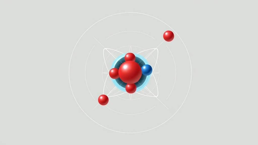 A detailed illustration of an atom's nucleus showing protons as red spheres and neutrons as blue spheres, surrounded by electron orbits in a clean, educational style