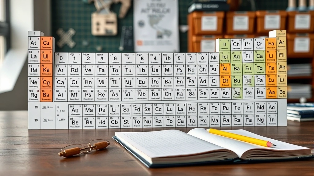 Detailed periodic table of elements displayed on a workspace with a pencil and notebook, professional educational setting