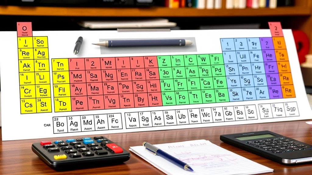 A colorful periodic table of elements displayed on a desk with a calculator and notebook, showing atomic numbers and mass numbers clearly visible