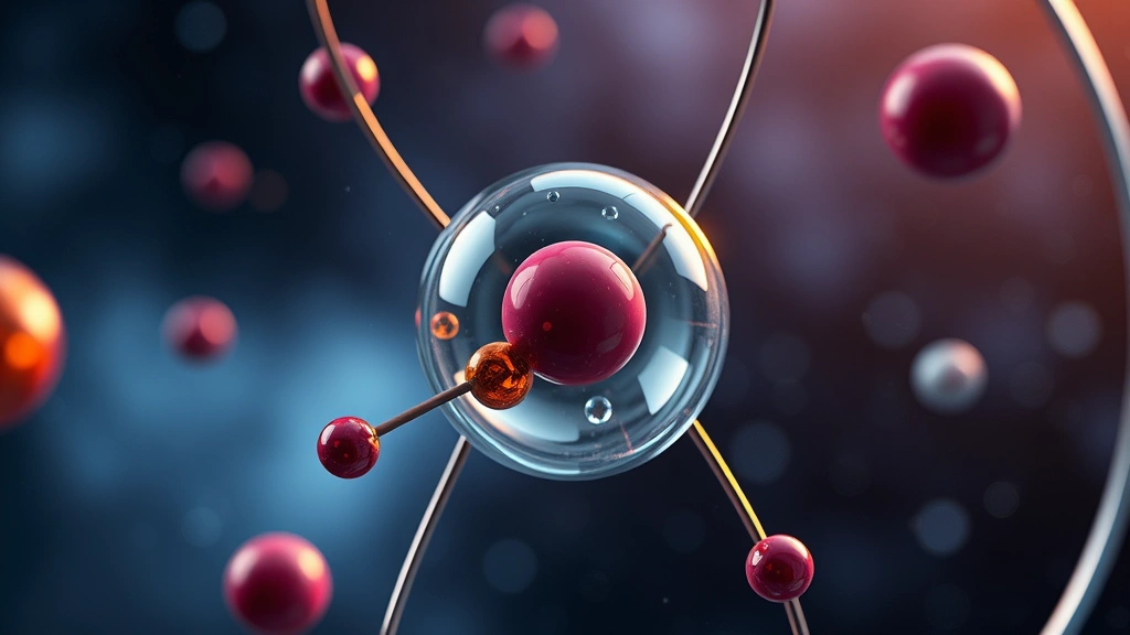 Close-up view of atomic particles represented as spheres floating in space, showing nucleus structure with different colored particles