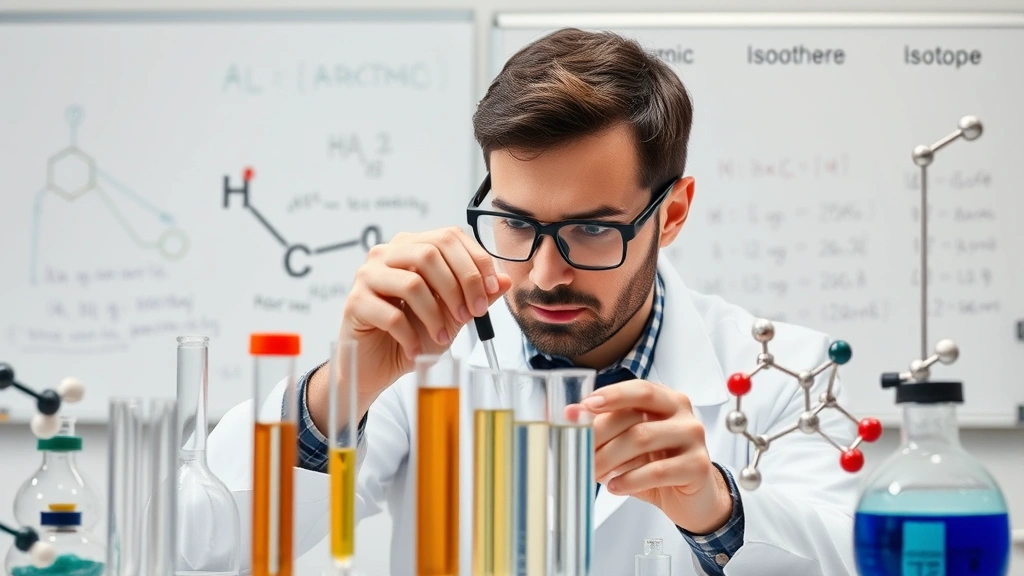 A scientist in a laboratory examining test tubes and molecular models, with atomic structures and isotope notations visible on a whiteboard in the background