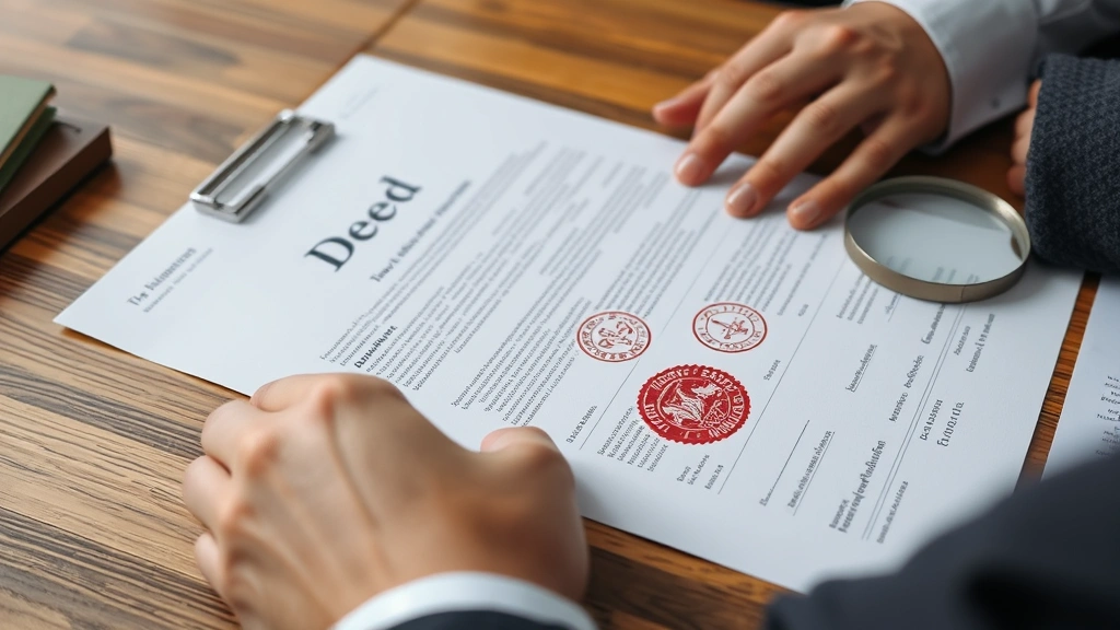 Close-up of hands holding a property deed document with official seals, on a wooden desk with a magnifying glass nearby