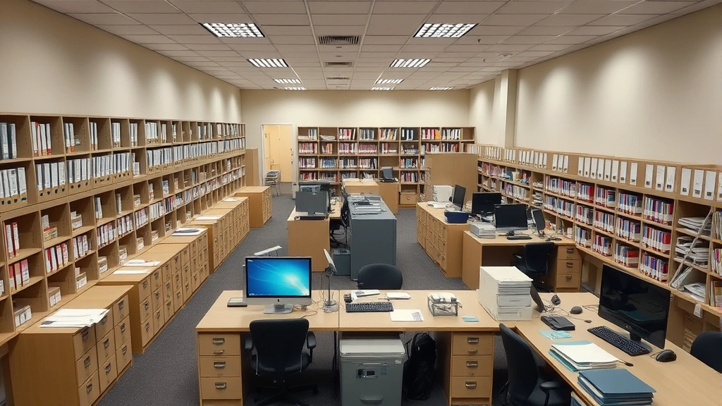 Wide shot of a county records office interior with filing cabinets, computer terminals, and organized document storage systems