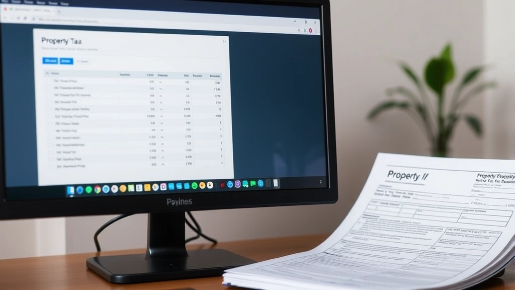 Split-screen showing a computer monitor displaying an online property search database next to a physical property tax record document