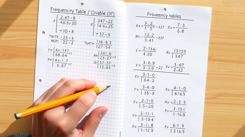 Overhead view of a person writing mathematical calculations on graph paper with pencil, showing frequency tables and division problems, natural daylight