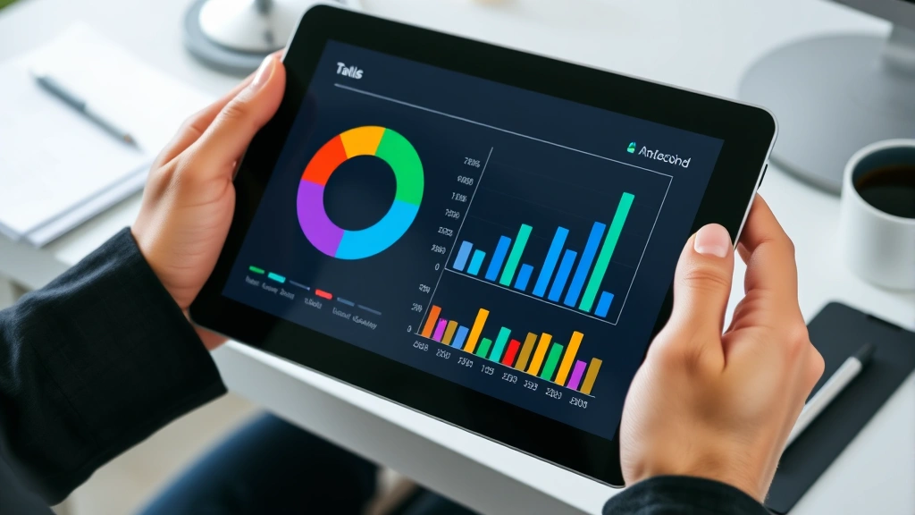 Close-up of hands holding a tablet displaying a colorful pie chart and bar graph with numerical data, modern minimalist desk background